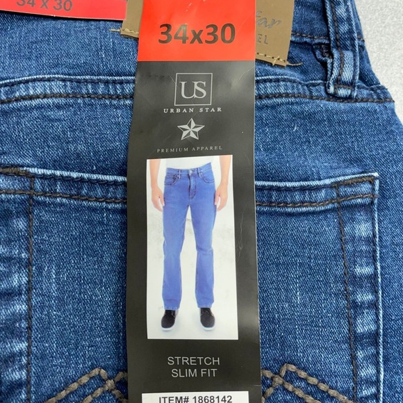 NEW US Urban Star Men's 34x30 Stretch Slim Fit Blue Denim Jeans Pants NEW - Picture 6 of 8